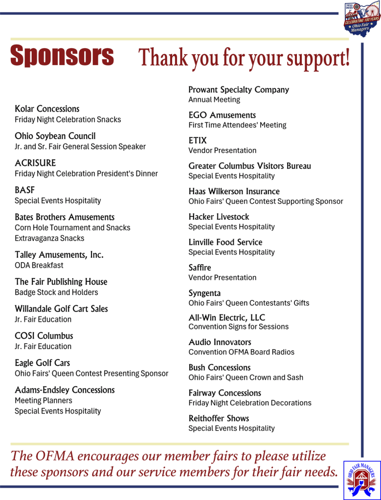 SPONSORS – OHIO FAIR MANAGERS ASSOCIATION